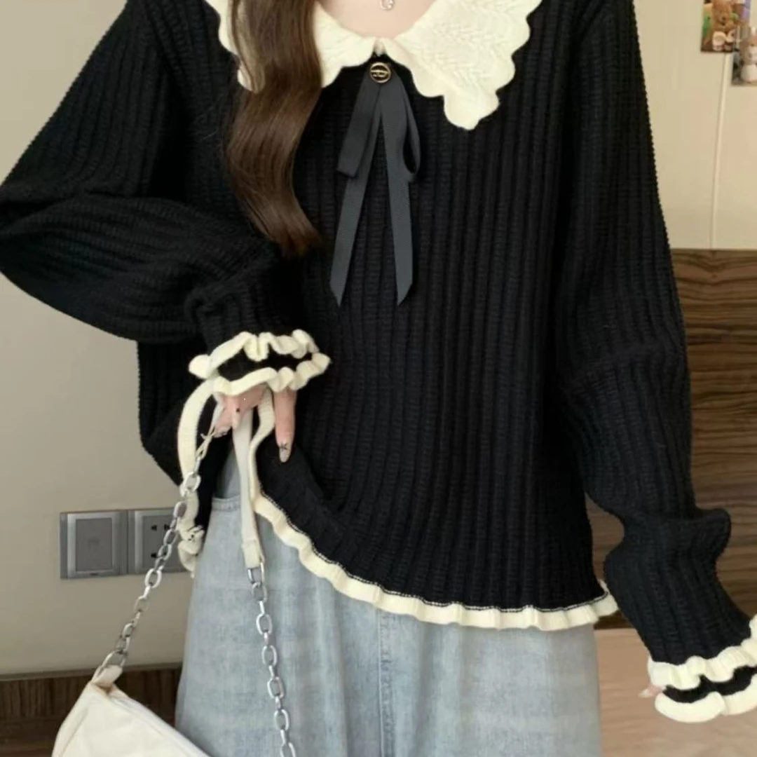 3120大码秋季新款设计娃娃领木针织衫耳边女装mm显瘦甜美毛衣上衣