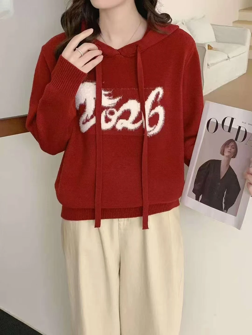 贝雪儿  #88639 新年款红色带帽针织衫
