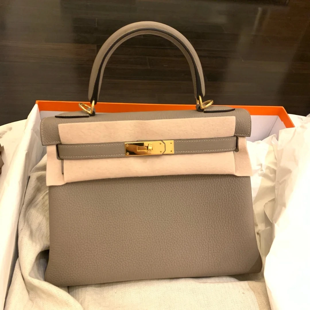 99新 Hermes/爱马仕 小花Jerry kelly28 银河灰 金扣 togo皮 A刻