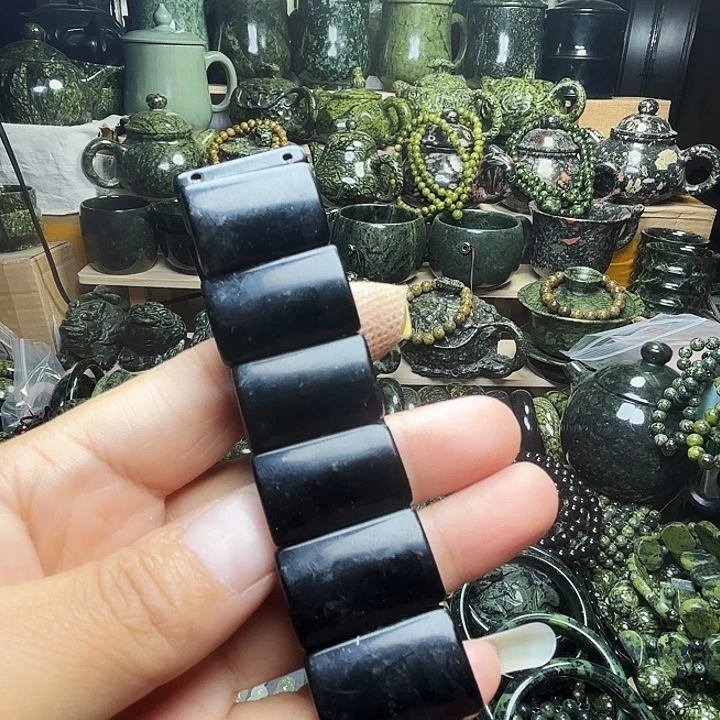 蛇纹石玉未镶嵌珠宝半成品藏玉药王石福利款黑包公手排