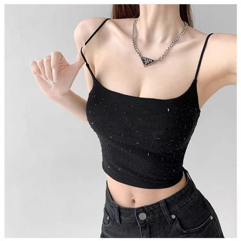 辣妹烫钻带胸垫性感吊带背心女夏季修身内搭无袖短款上衣外穿