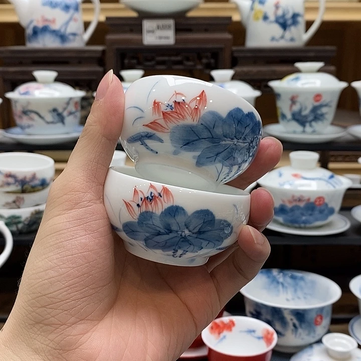 手绘荷花主人杯65cc2个装釉下彩微瑕福利款