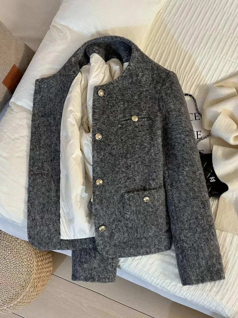 2025新款灰色气质法式小香风毛呢短外套女冬季保暖内里上衣韩