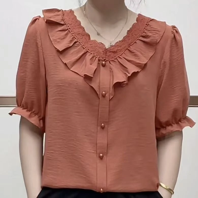 2025韩版V领木耳边短袖雪纺衫女夏季新款洋气显瘦百搭宽松上衣潮