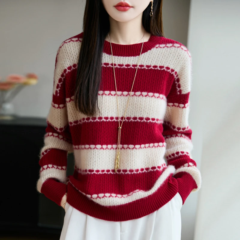 秋冬新款100%羊毛衫七针加厚条纹撞色圆领女宽松百搭针织打底衫