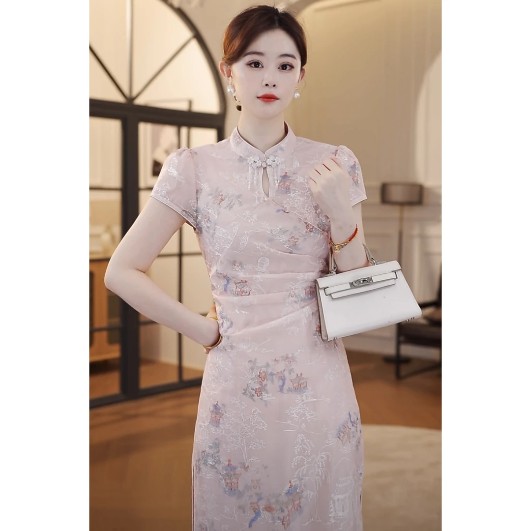 【嘉嘉JIANG】淡色椿烟 新中式国风刺绣显瘦旗袍连衣裙 XJ252L1147