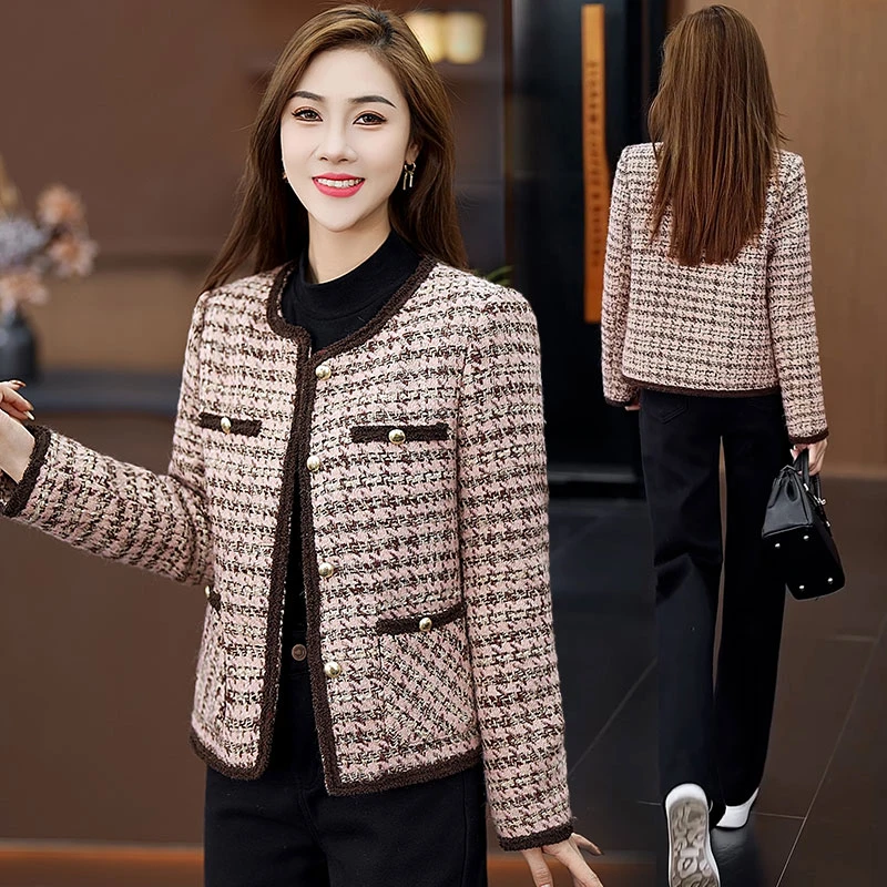 小香风加棉短外套女2025秋冬季新款单排扣千鸟格圆领长袖夹克通勤