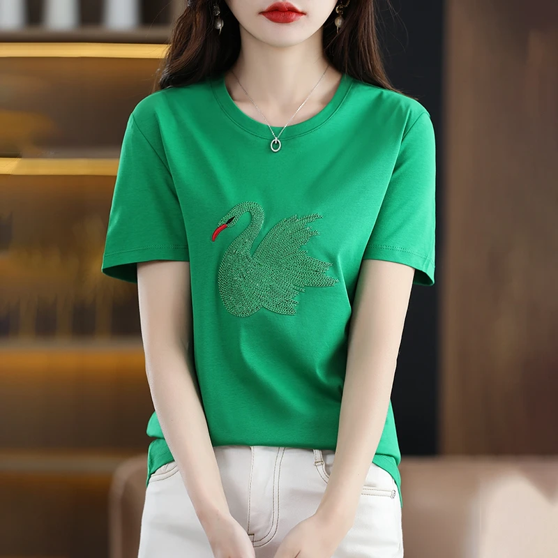 夏季纯棉短袖T恤爆款时尚显瘦休闲百搭气质设计感刺绣纯色圆领