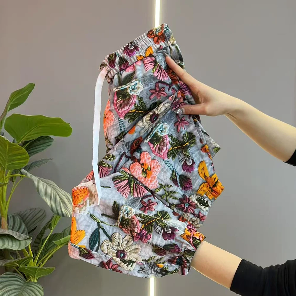 夏季薄款冰丝印花休闲运动裤小个子宽松显瘦九分哈伦裤束脚花裤女