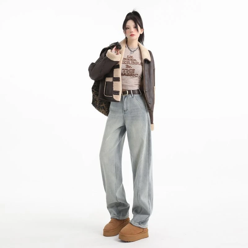 浅蓝弯刀阔腿牛仔裤女2025早秋新款高腰显瘦设计感九分百搭拖地裤