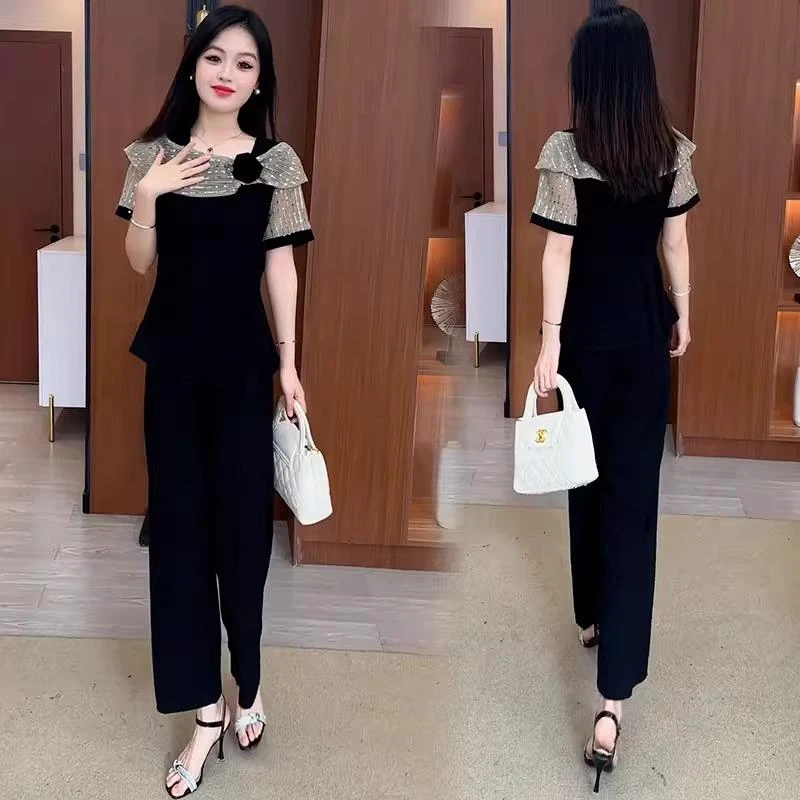 夏季减龄一整套穿搭2025新款轻奢高级感女人味短袖阔腿裤两件套潮