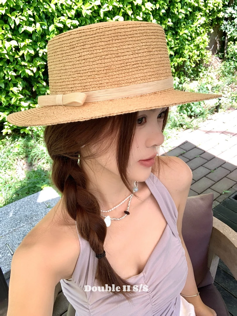 double i i 法式赫本风拉菲草蝴蝶结草帽女夏出游沙滩大檐礼帽