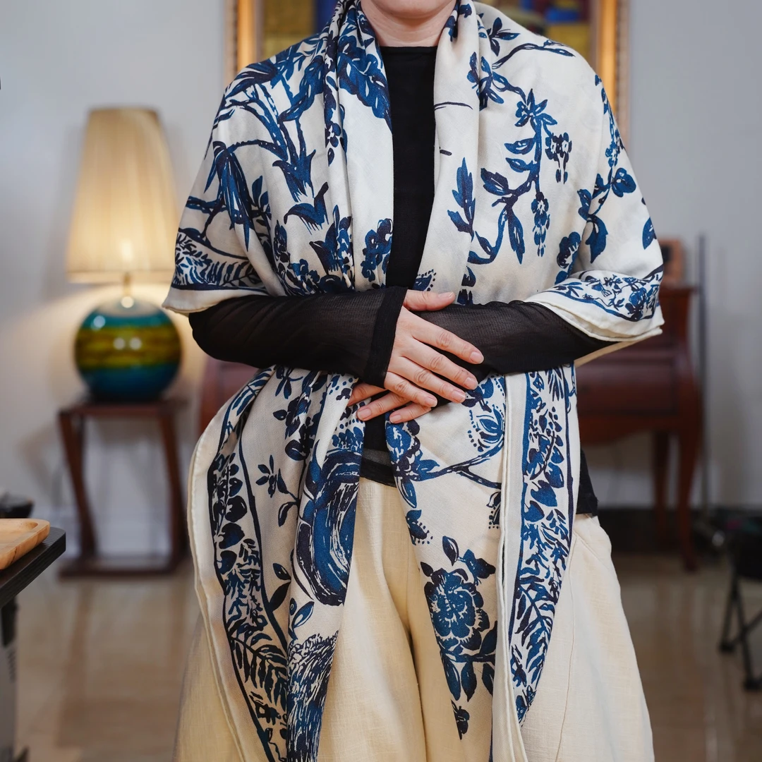 复古中国风风热带雨林双面印花真丝羊毛保暖披肩围巾-B5E7617