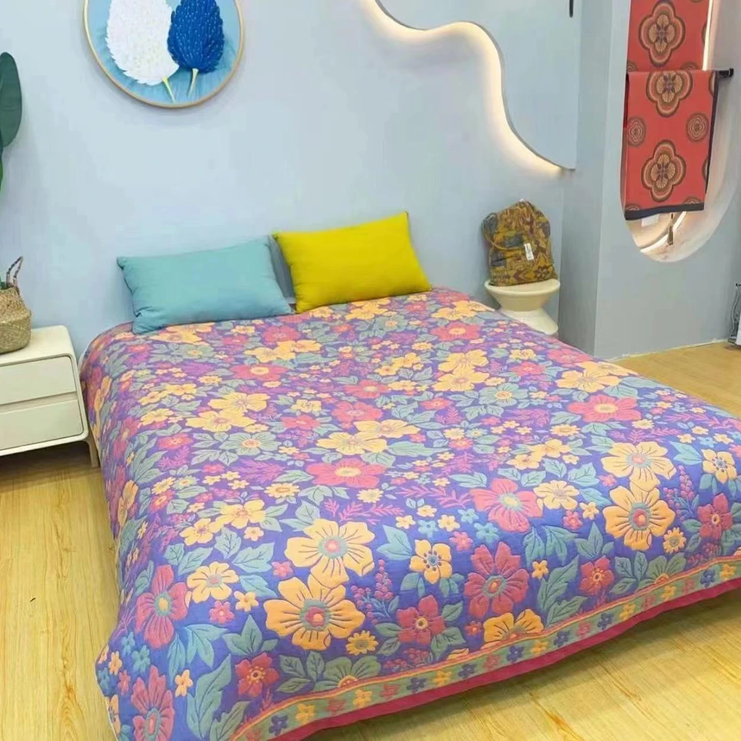 150X200万紫千红纱巾被床盖六层纯棉双面可铺可盖多功能毛巾被