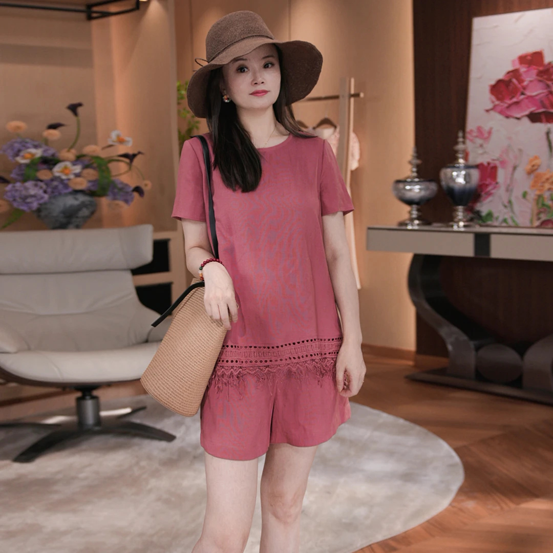 唯伊公馆夏季新款圆领蕾丝流苏上衣合身短裤亚麻套装98671