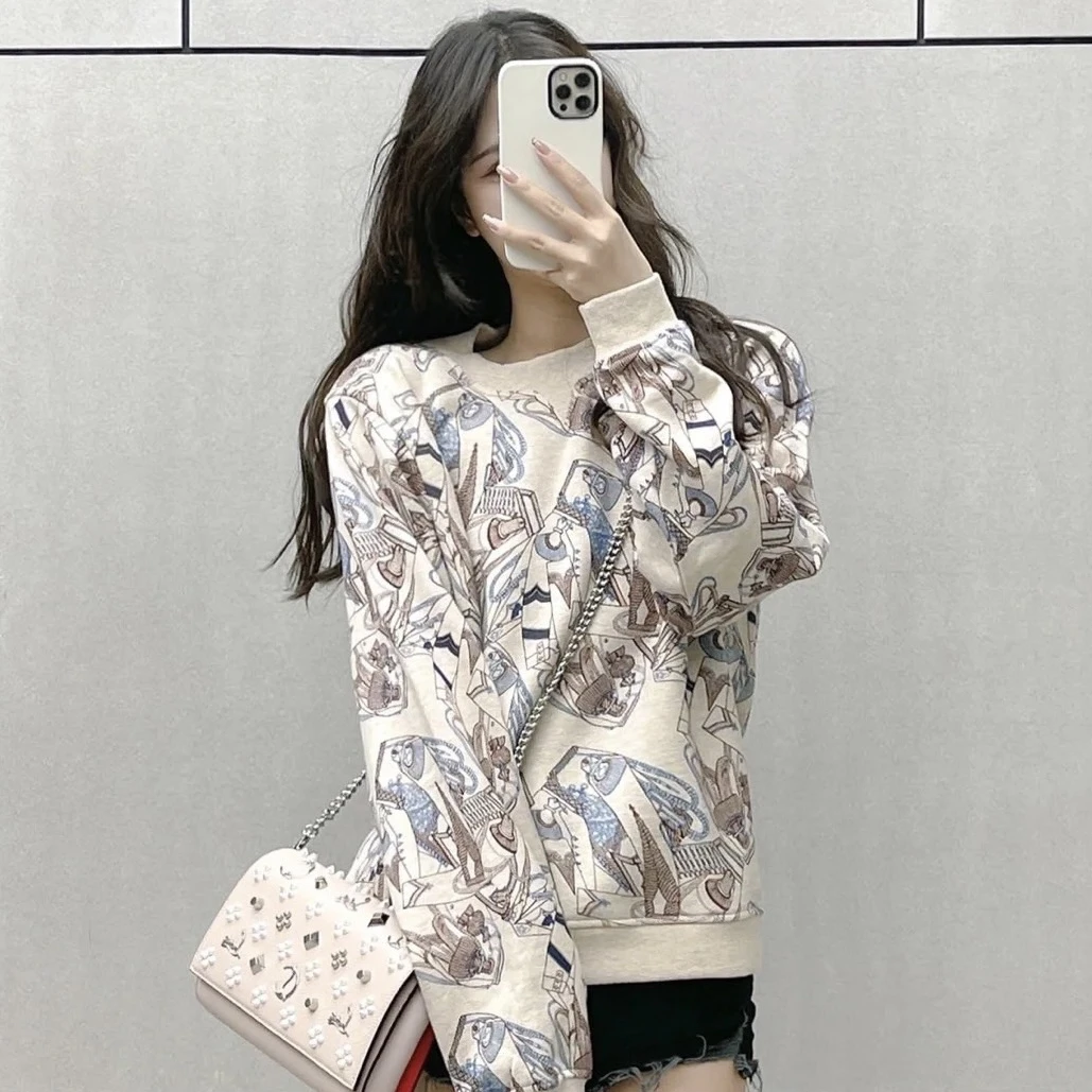 99新 Hermes/爱马仕 1dd44/Logo印花圆领套头长袖卫衣 棉 36码