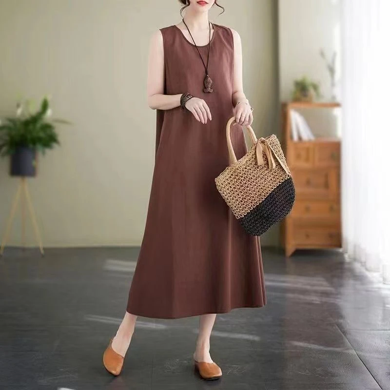 【现货+运费险】宽松A字大摆背心裙百搭春夏棉麻无袖连衣裙V313