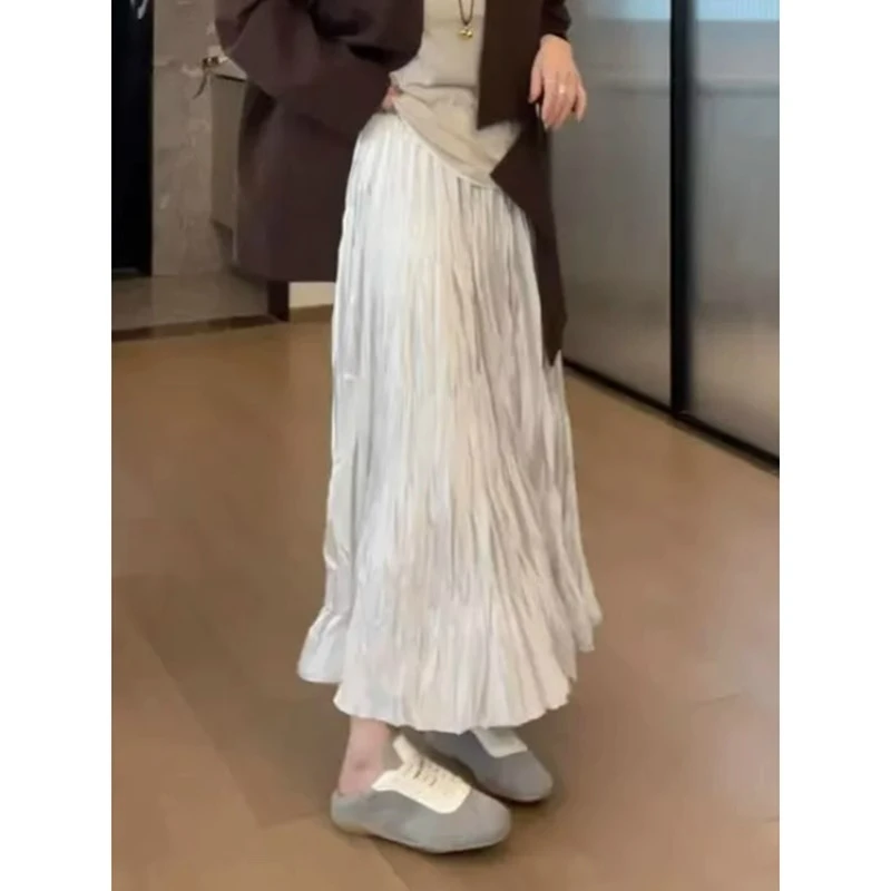 大码光泽感褶皱a字半身裙女春季微胖妹妹显瘦宽松中长款百褶裙子