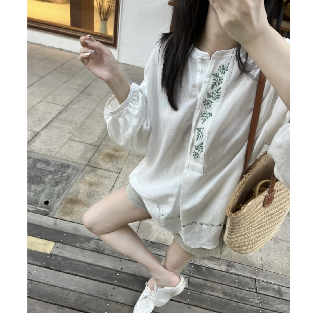 FAR ZOOM 苎麻天丝刺绣长袖韩系宽松显瘦减龄衬衫设计感