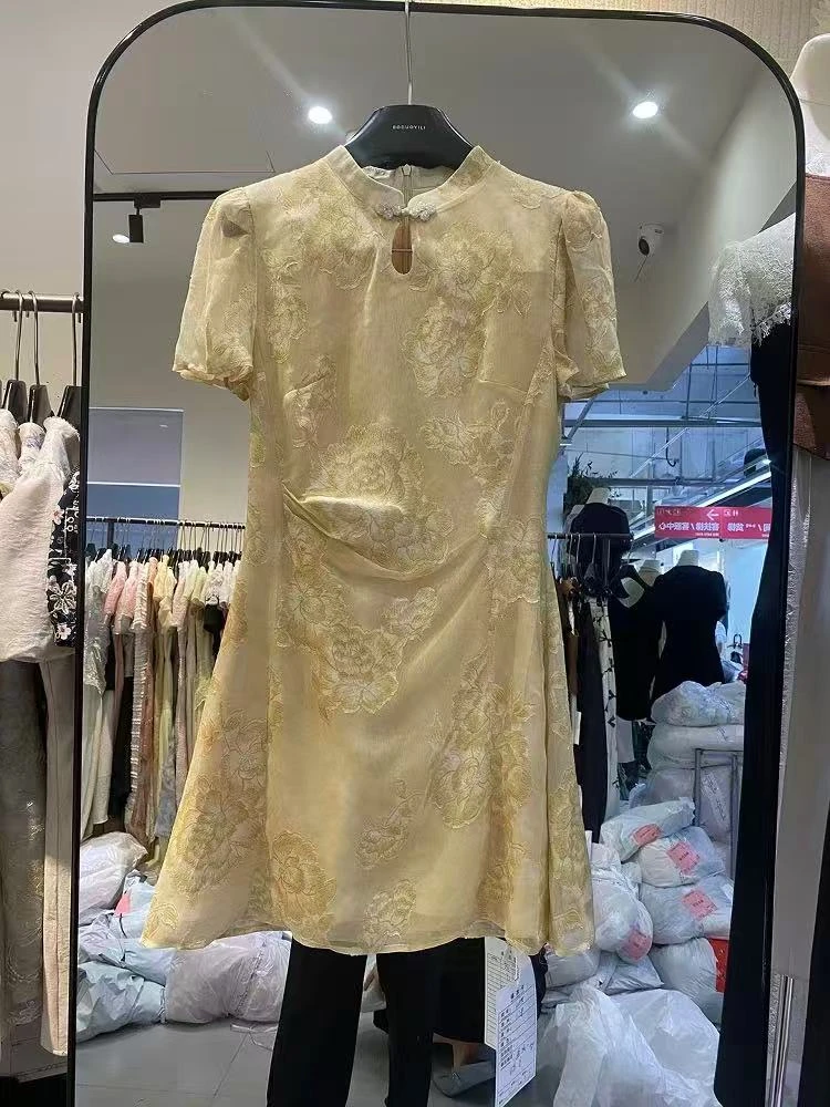 新中式国风印花盘扣旗袍裙女夏季新款立领收腰显瘦连衣裙a字裙子