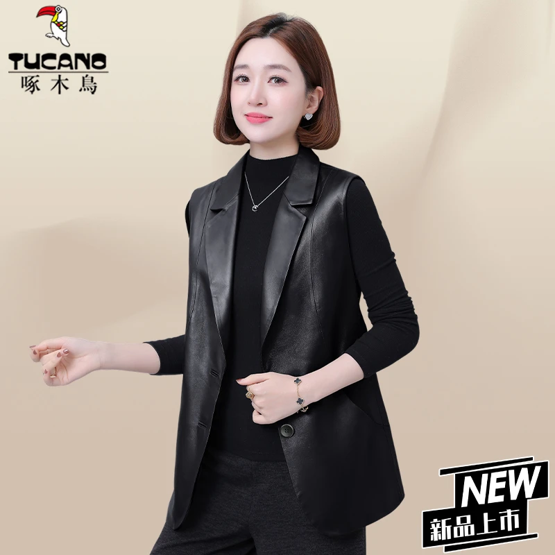 啄木鸟黑色皮衣马甲女款新款春秋妈妈马夹坎肩西装领pu皮外套