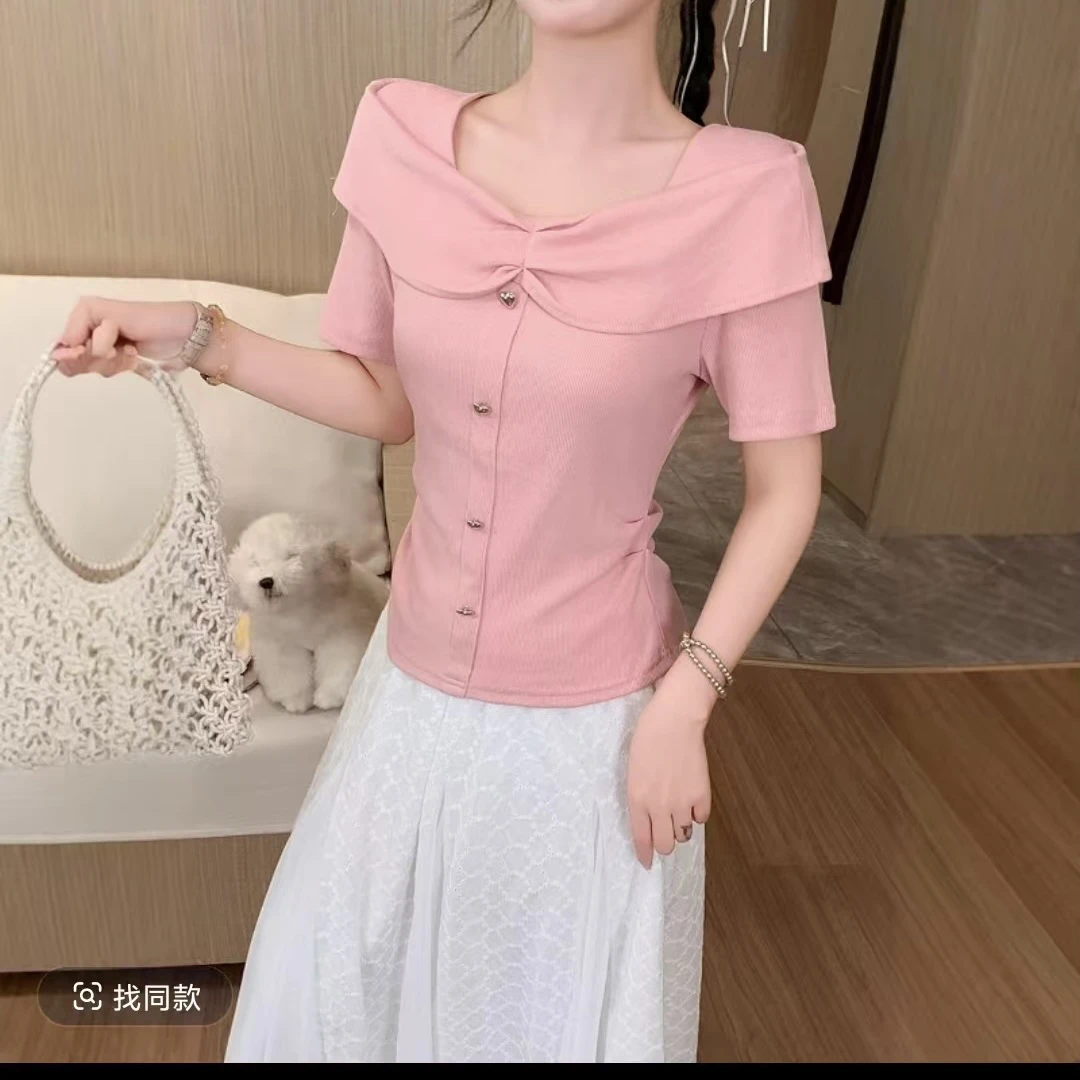 爱优品 夏季新款法式温柔气质短袖T恤