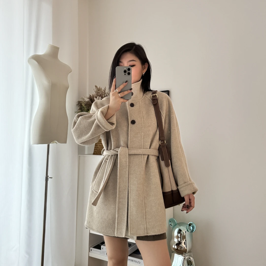 【甜甜酱】氛围大衣立领系带双面大衣女韩系宽松秋冬毛呢外套上衣