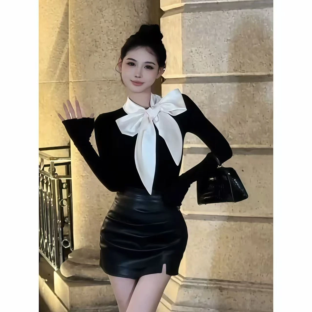 法式小众设计感甜美风蝴蝶结显瘦气质时尚长袖上衣短裙套装秋冬款