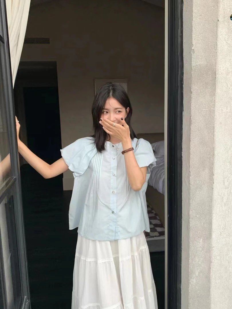 kittin@7855 法式甜美减龄别致压褶短袖衬衫 6-13