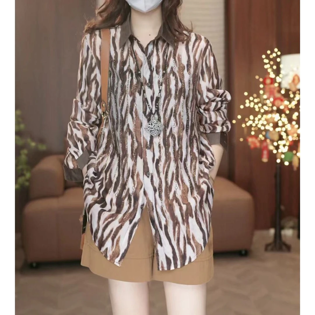 【银河豹纹】烫钻春夏长袖时尚休闲文艺提花衬衫印花法式上衣2906