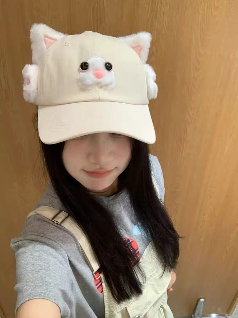 粉红猫耳棒球帽女款日系二次元显脸小可爱鸭舌帽子猫爪盆帽