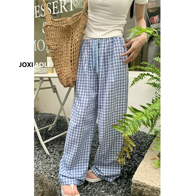 大码韩系撞色直筒格子休闲裤女夏季胖mm高腰显瘦宽松垂感阔腿长裤
