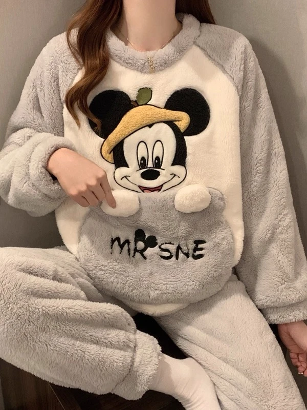 新款可爱米奇卡通睡衣女秋冬季珊瑚绒加厚保暖法兰绒套装家居服