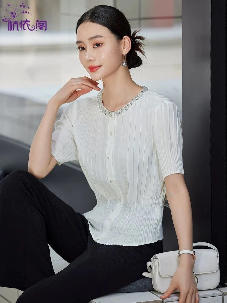 【钰姐精选】法达2579-百褶衬衫显瘦气质衬衣白色针织时尚休闲夏季