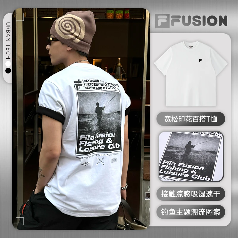 【钓鱼户外t恤】FILA斐乐情侣琥珀流光运动风黑白宽松印花百搭半袖