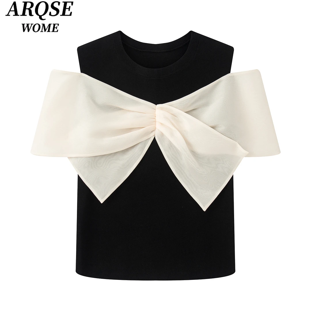 艾家新款2025夏季新品款时尚百搭短袖蝴蝶结针织衫上衣3931