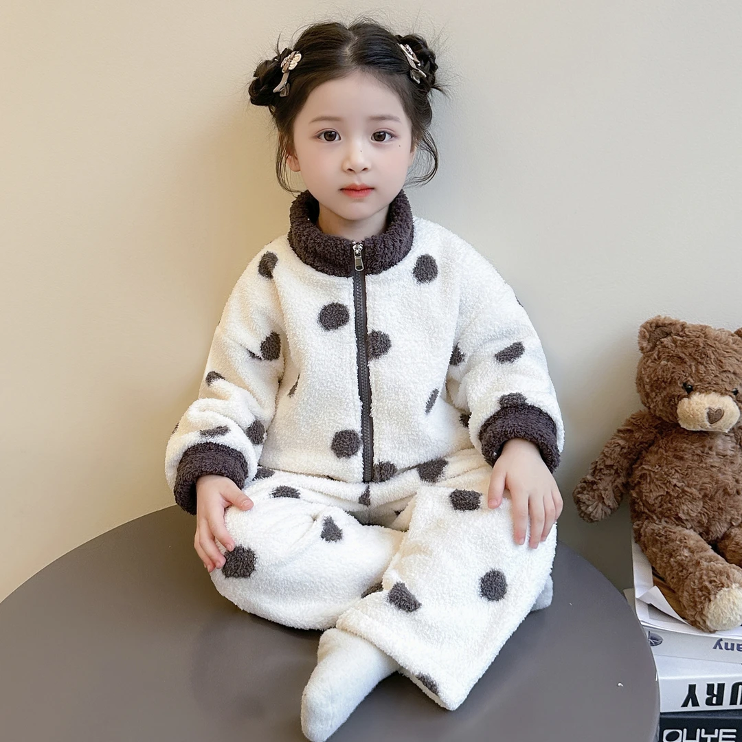 女童2025秋冬新品半边绒净色拉链睡衣套装儿童家居服