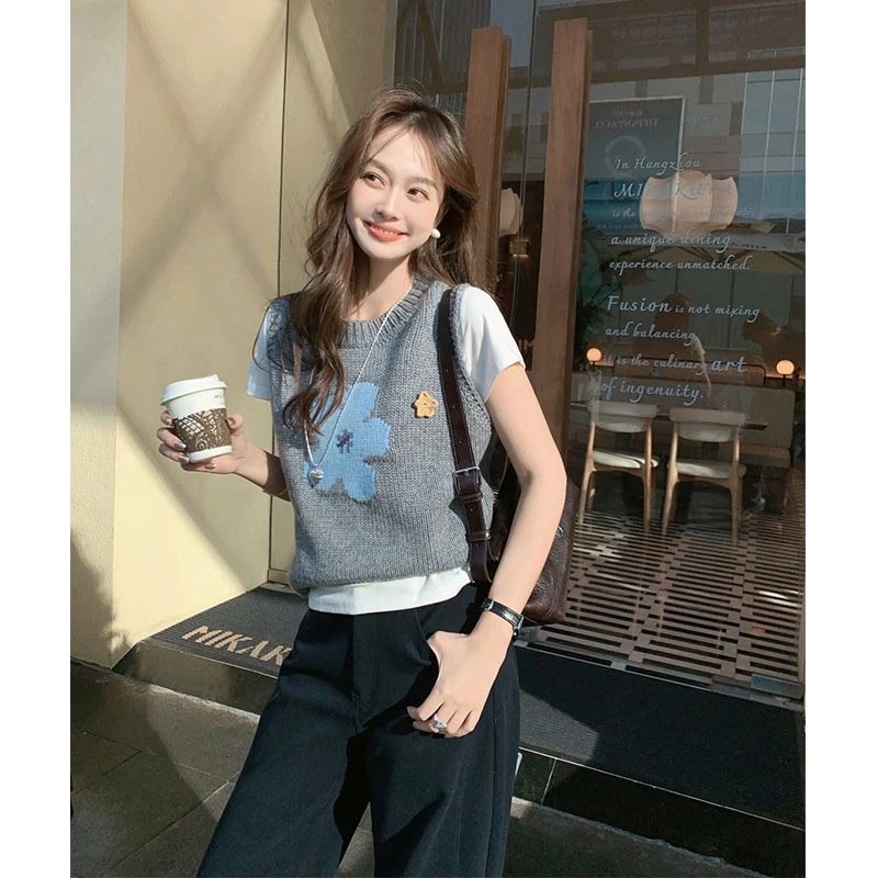 【现货】美洋MEIYANG 小蓝花针织背心【商场同款】绵羊毛手工钩针圆领