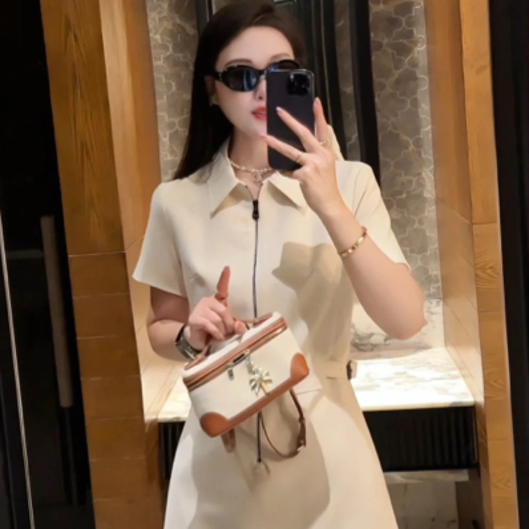 岁言suiyan夏季女装连衣裙精品名媛轻奢风白色连衣裙翻领气质显瘦