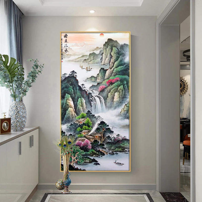 新款竖版玄关山水画源远流长满钻全贴魔方圆钻石画卧室客厅贴钻画