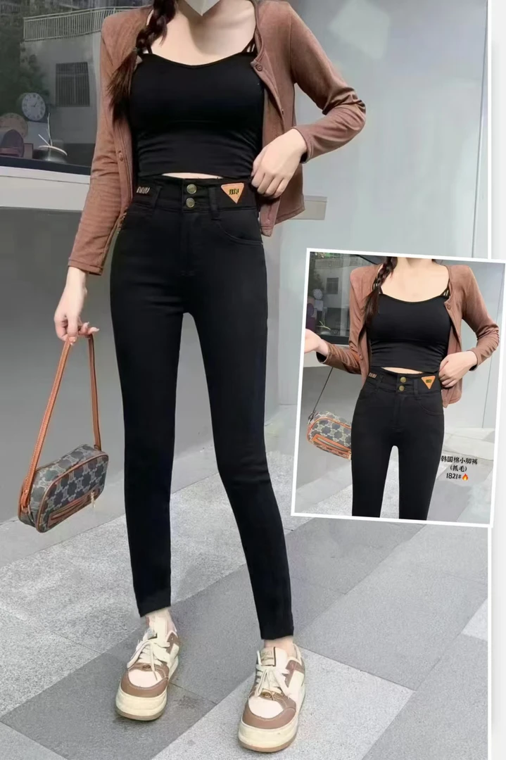 薇莎1821【小脚裤】二粒扣抓毛韩国棉弹力百搭显瘦小脚黑裤9分裤