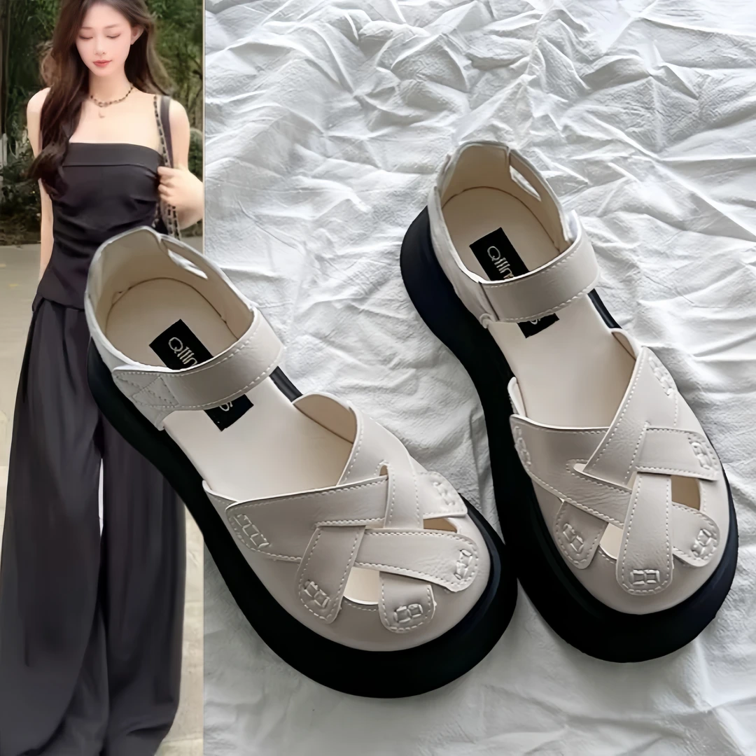 法式罗马凉鞋女夏外穿2025年新款厚底包头镂空编织银色玛丽珍凉鞋