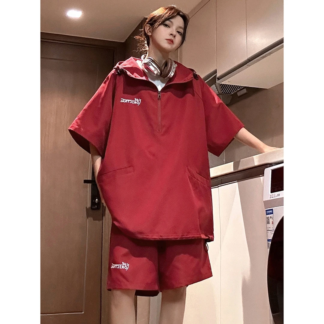 美式机能风套装男款夏季薄款速干潮牌痞帅连帽短袖运动短裤两件套