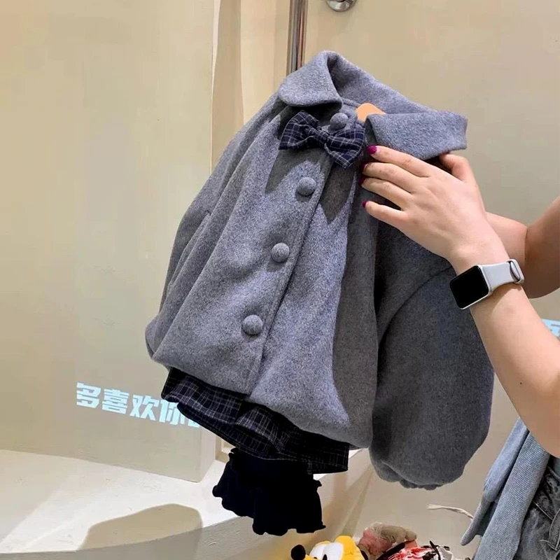 女童毛呢外套秋冬25新款童装儿童学院风夹棉蝴蝶拼接格子呢子大衣