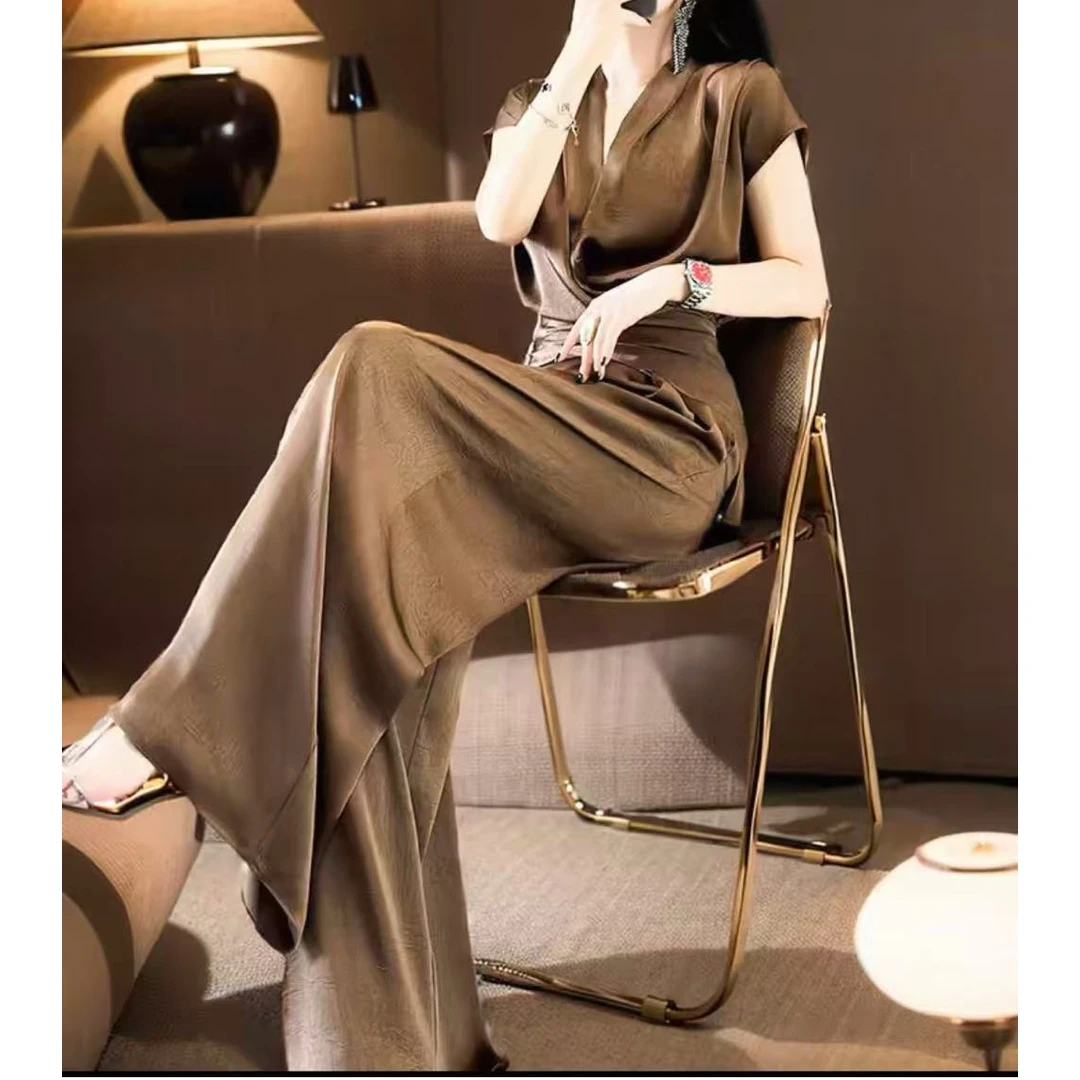 802/时尚轻奢高端提花短袖上衣阔腿裤两件套