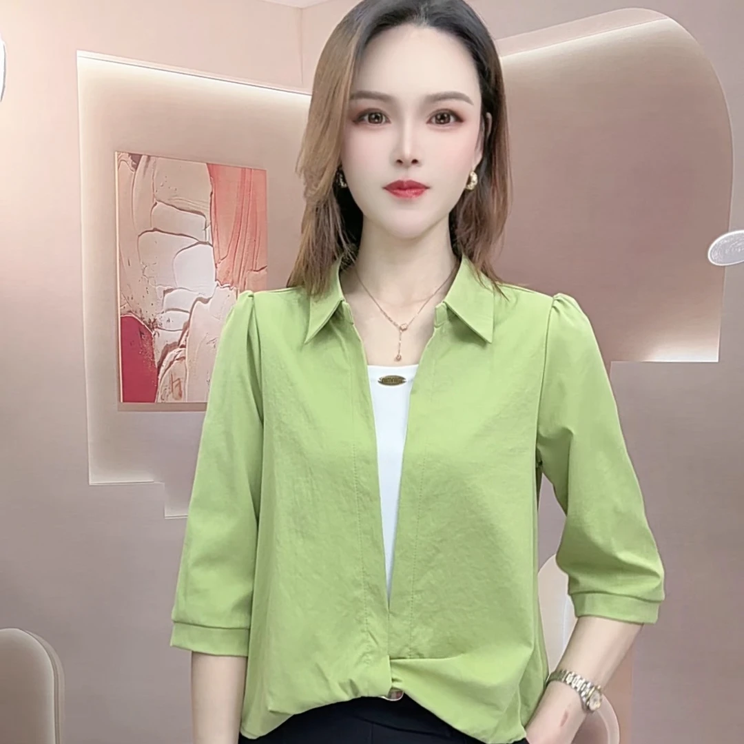 2025新款衬衫袖假两件拼接轻职风衬衣防晒衣显瘦韩版夏季中袖女装