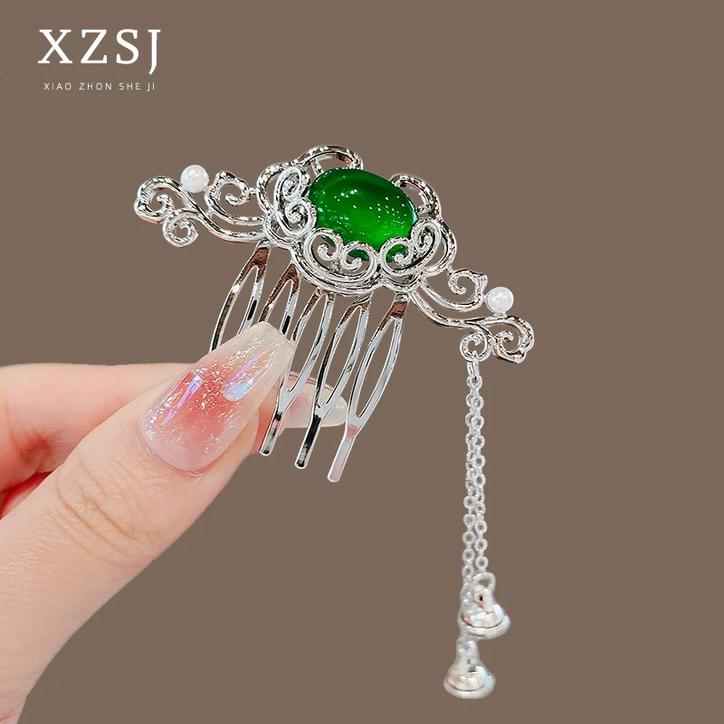 新中式绿色祥云发梳复古国风平安锁插梳碎发发卡丸子头发簪发钗女