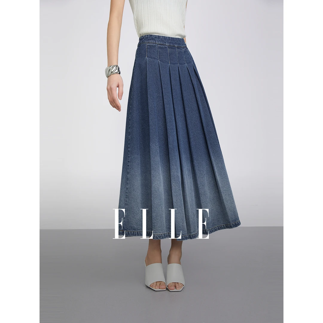 ELLE牛仔蓝渐变百褶半身裙女2025春新款别致小众设计感A字ER50634