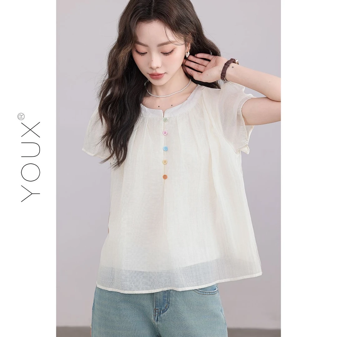 衬衣中国风短袖甜美小众圆领设计感雪纺衫娃娃领彩色纽扣气质上衣