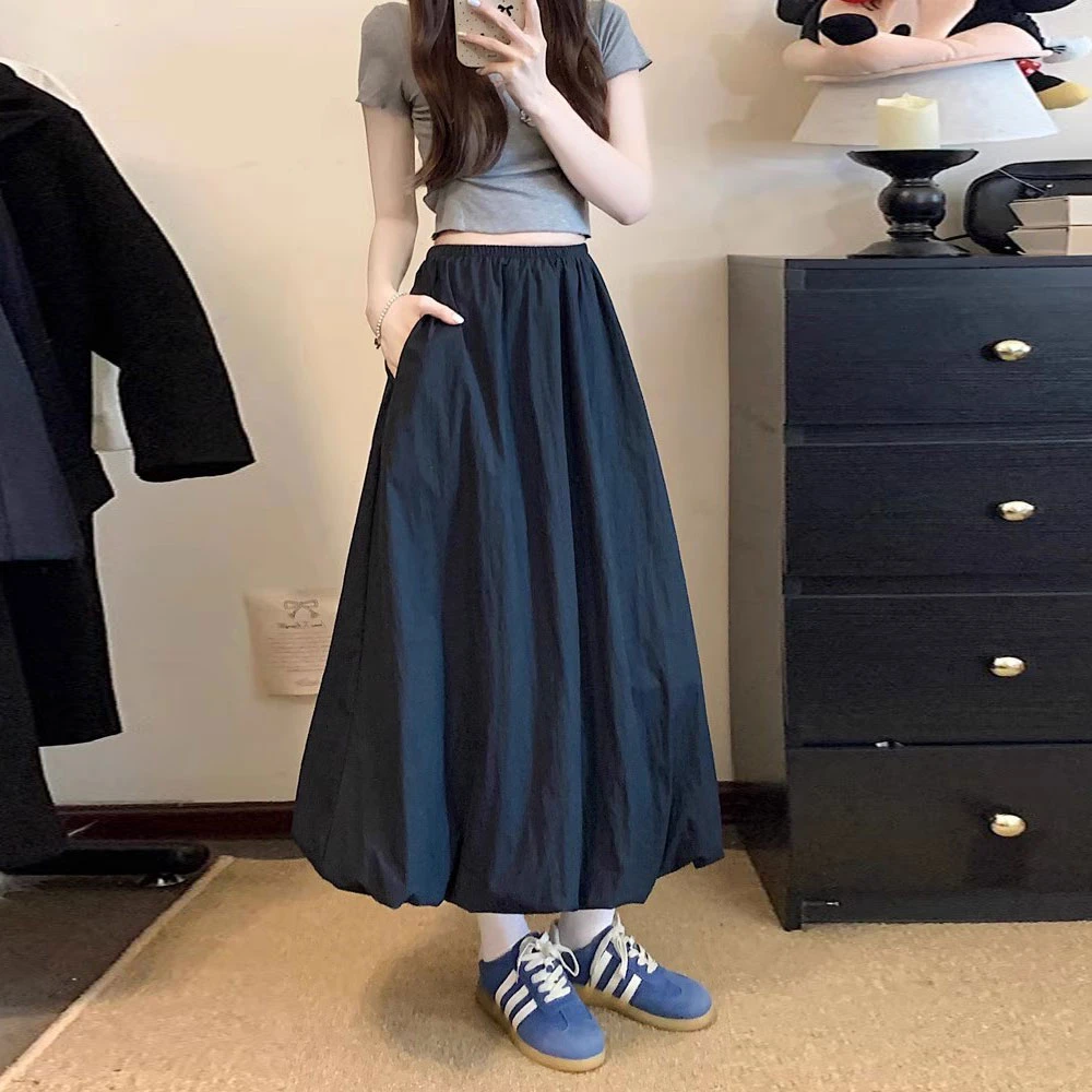 2025年春夏新款甜美花苞半身裙女高腰A字裙设计感纯色蓬蓬长裙潮